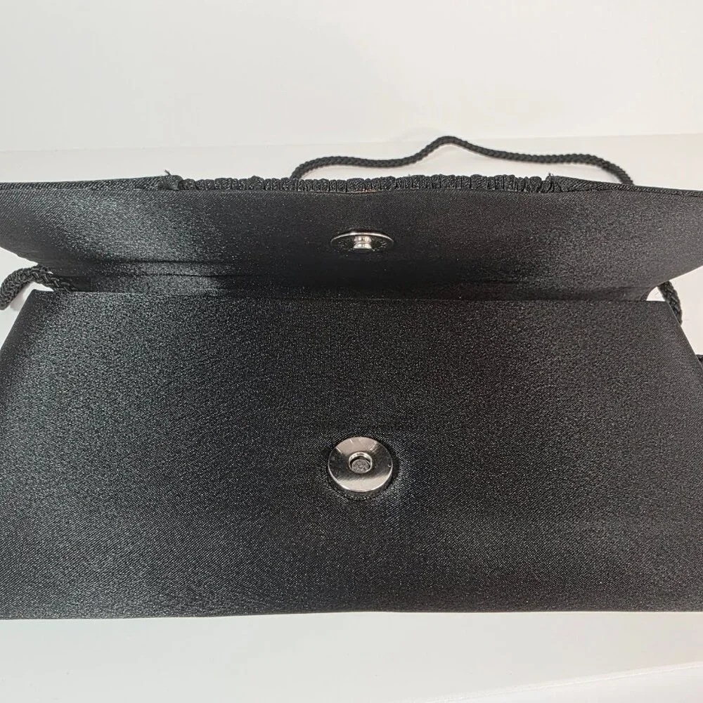 Black Satin Beaded Clutch Evening Bag Crossbody Formal - Picture 7 of 12